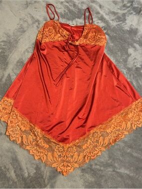 Free People Rust Red Satin Chemise with Orange Lace Trim